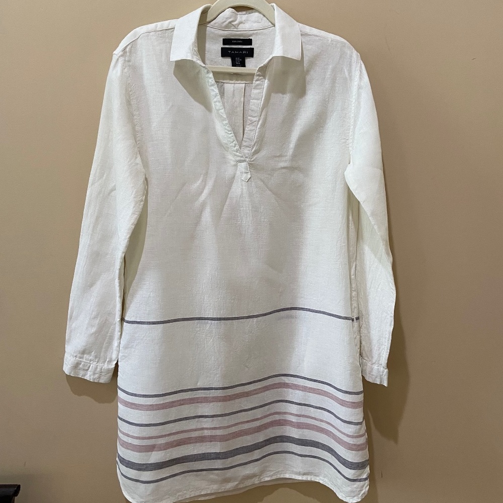 Tahari 100% Linen Collared Creme dress SZ Medium
